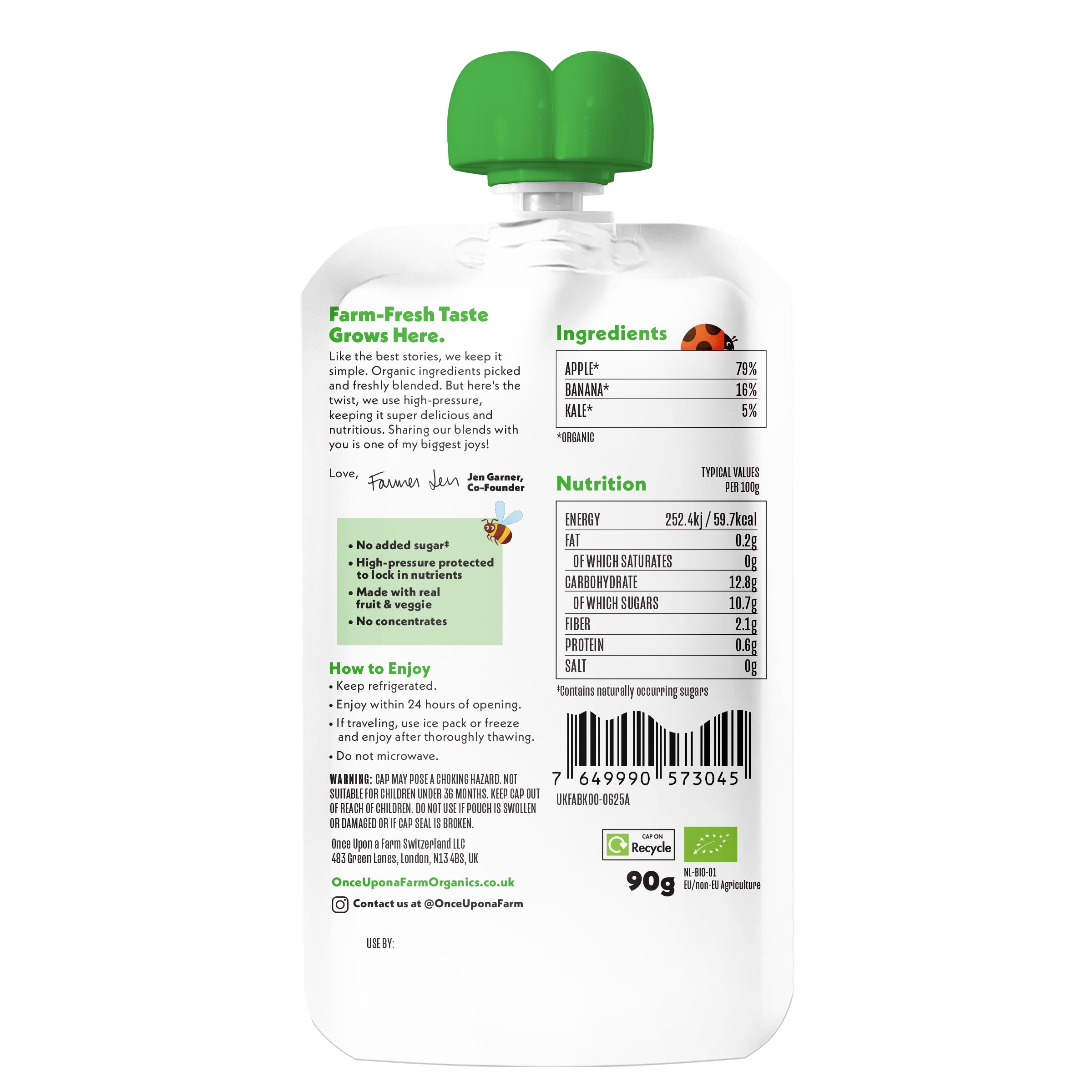 Once Upon a Farm back view of a food packaging with green cap on a white background