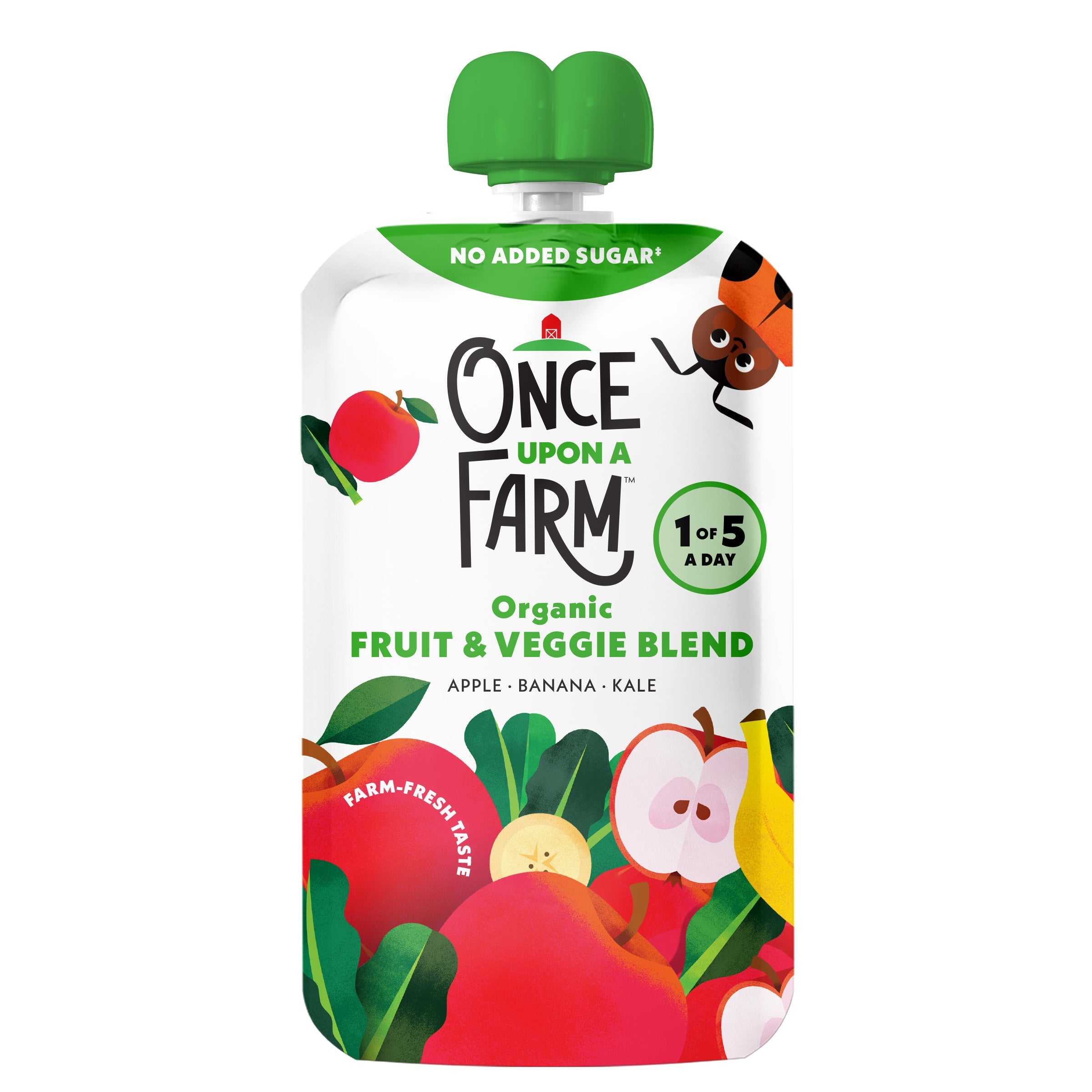 Once Upon a Farm organic fruit and veggie blend pouch on a white background