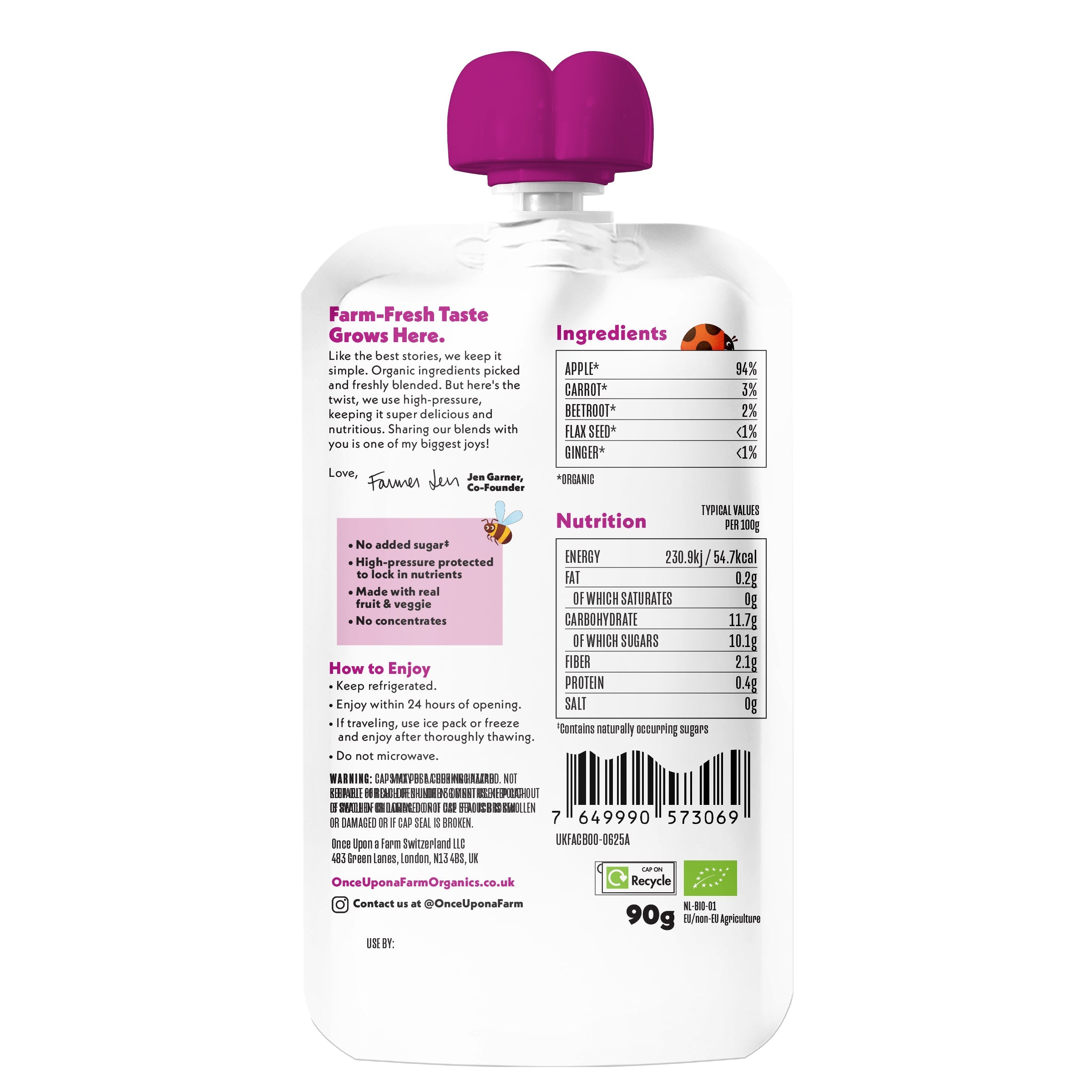 Once Upon a Farm back view of a food packaging with a purple lid on a white background