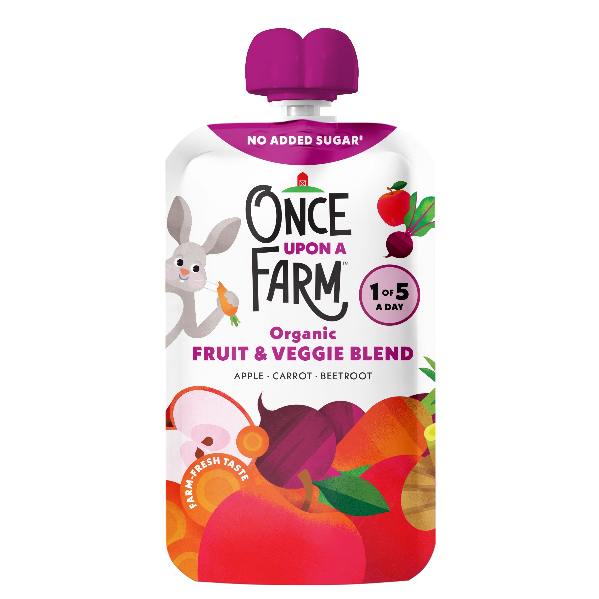 Once Upon a Farm organic fruit and veggie blend packaging on a white background