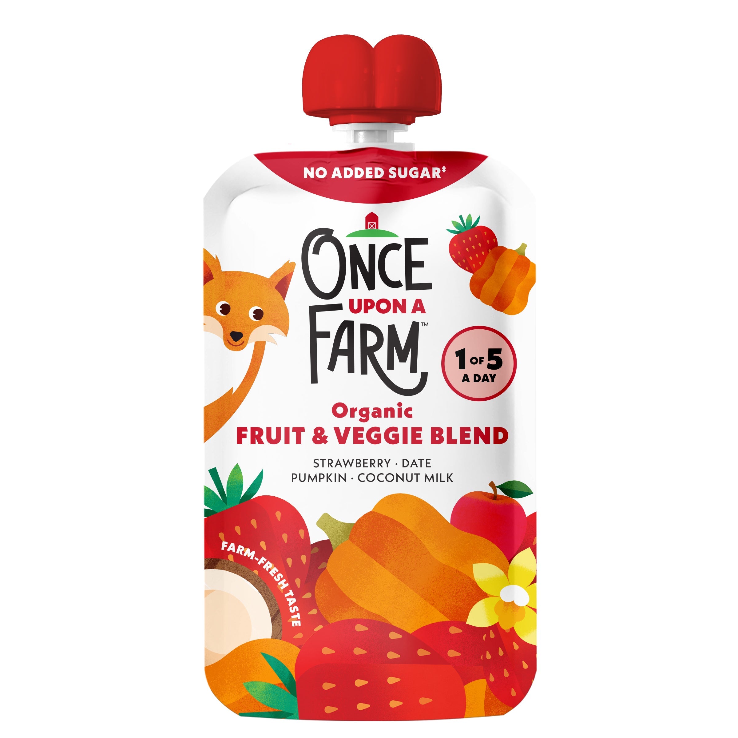 Once Upon a Farm organic fruit and veggie blend pouch on a white background