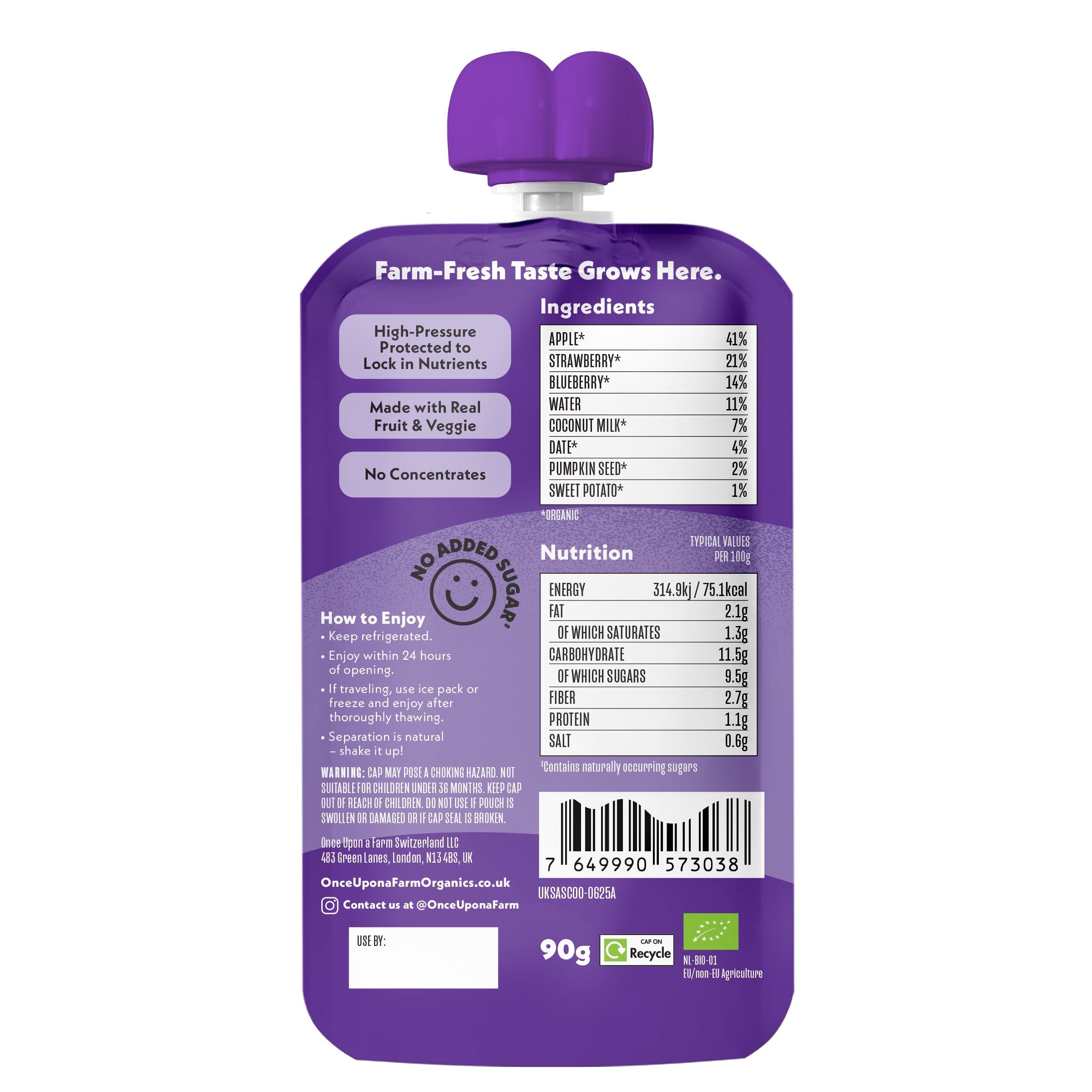 Once Upon a Farm pouch with label on a white background