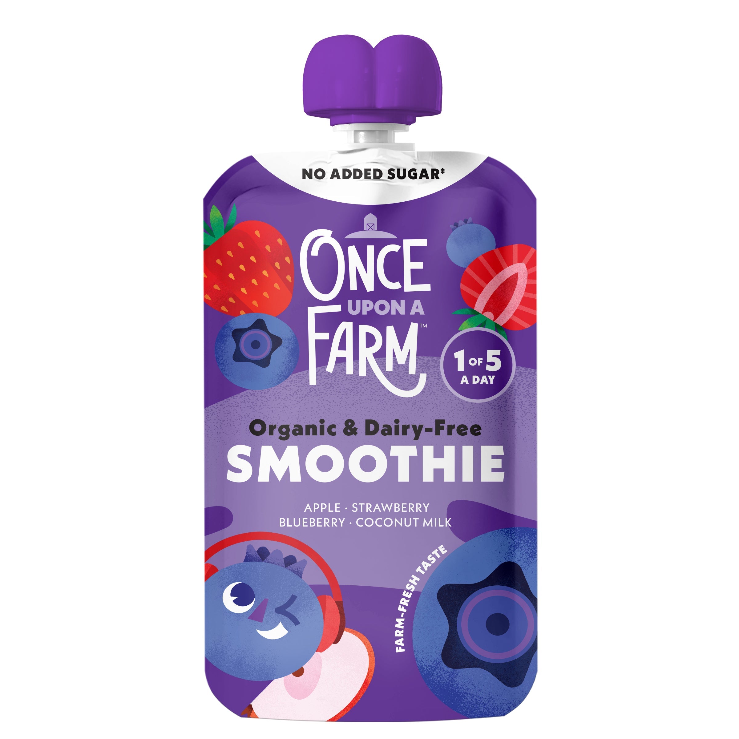 Smoothie pouch with fruit illustrations and 'Once Upon a Farm' branding on a white background