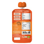 Once Upon a Farm back view of an orange pouch with text and nutrition information on a white background