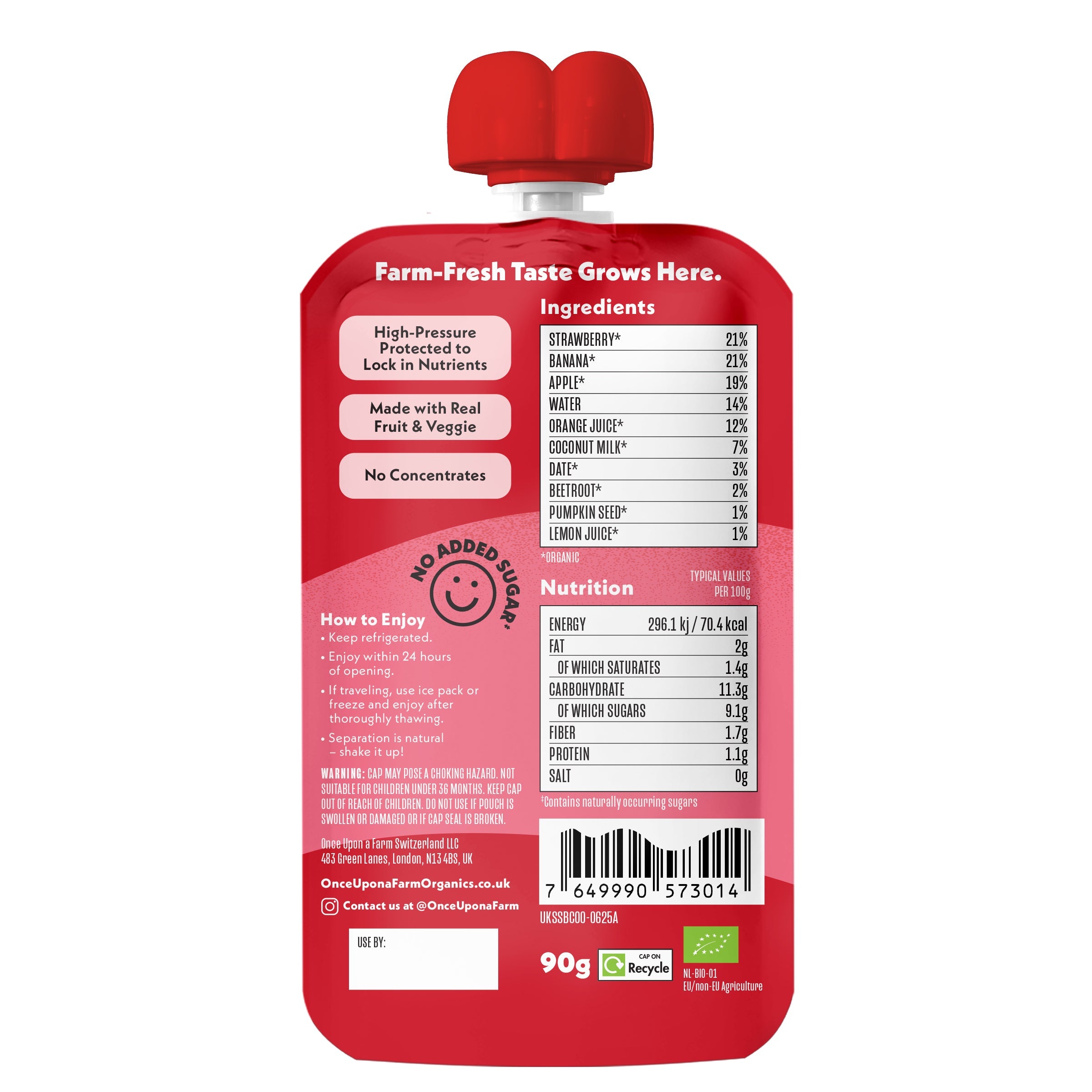 Once Upon a Farm red fruit pouch with label on a white background