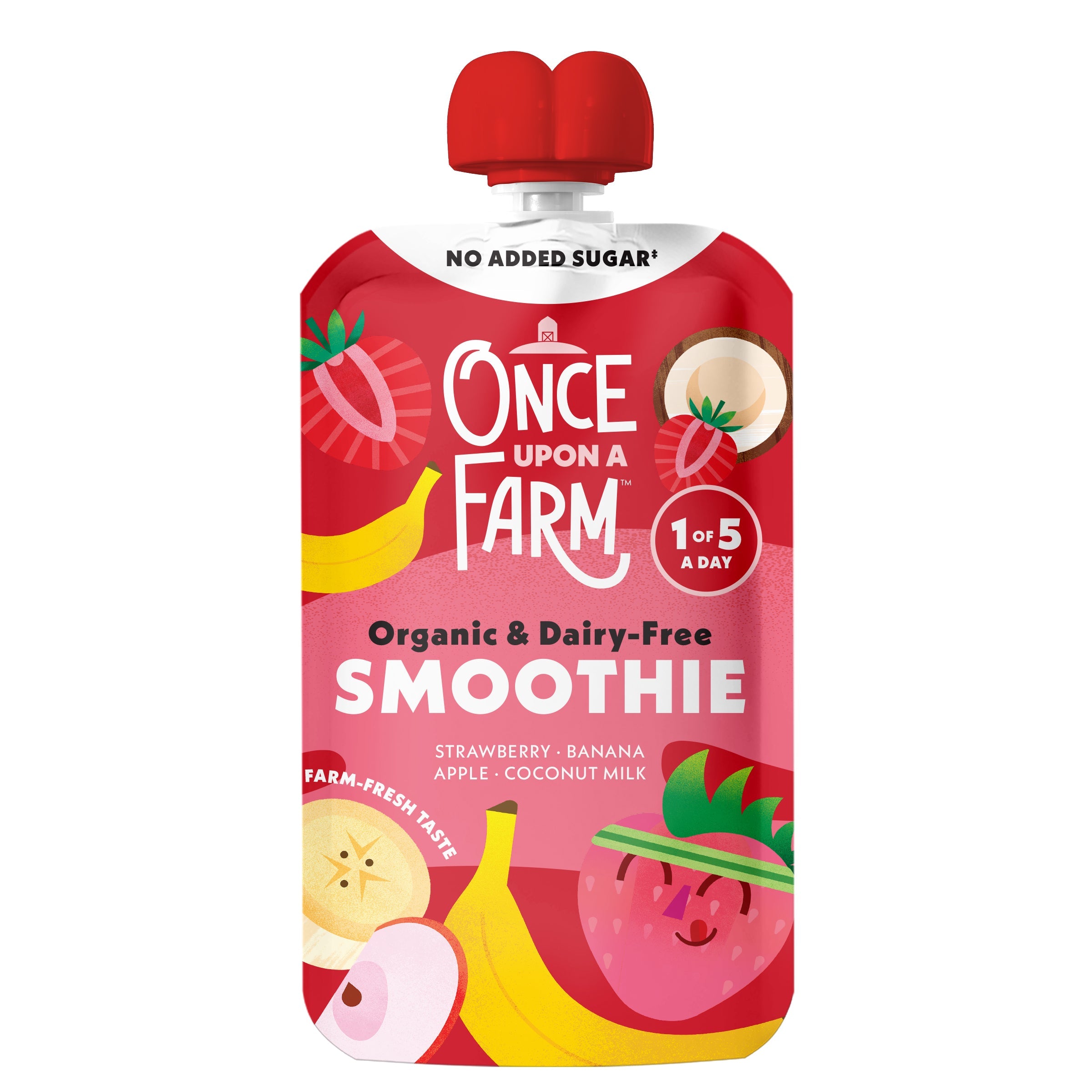 Once Upon a Farm organic and dairy-free smoothie pouch on a white background