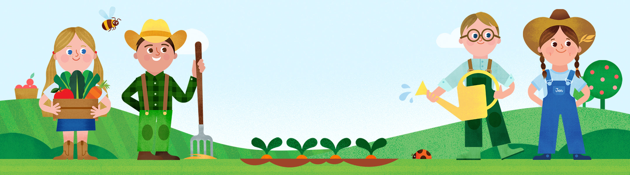 Cartoon illustration of four people gardening with tools and plants on a green background