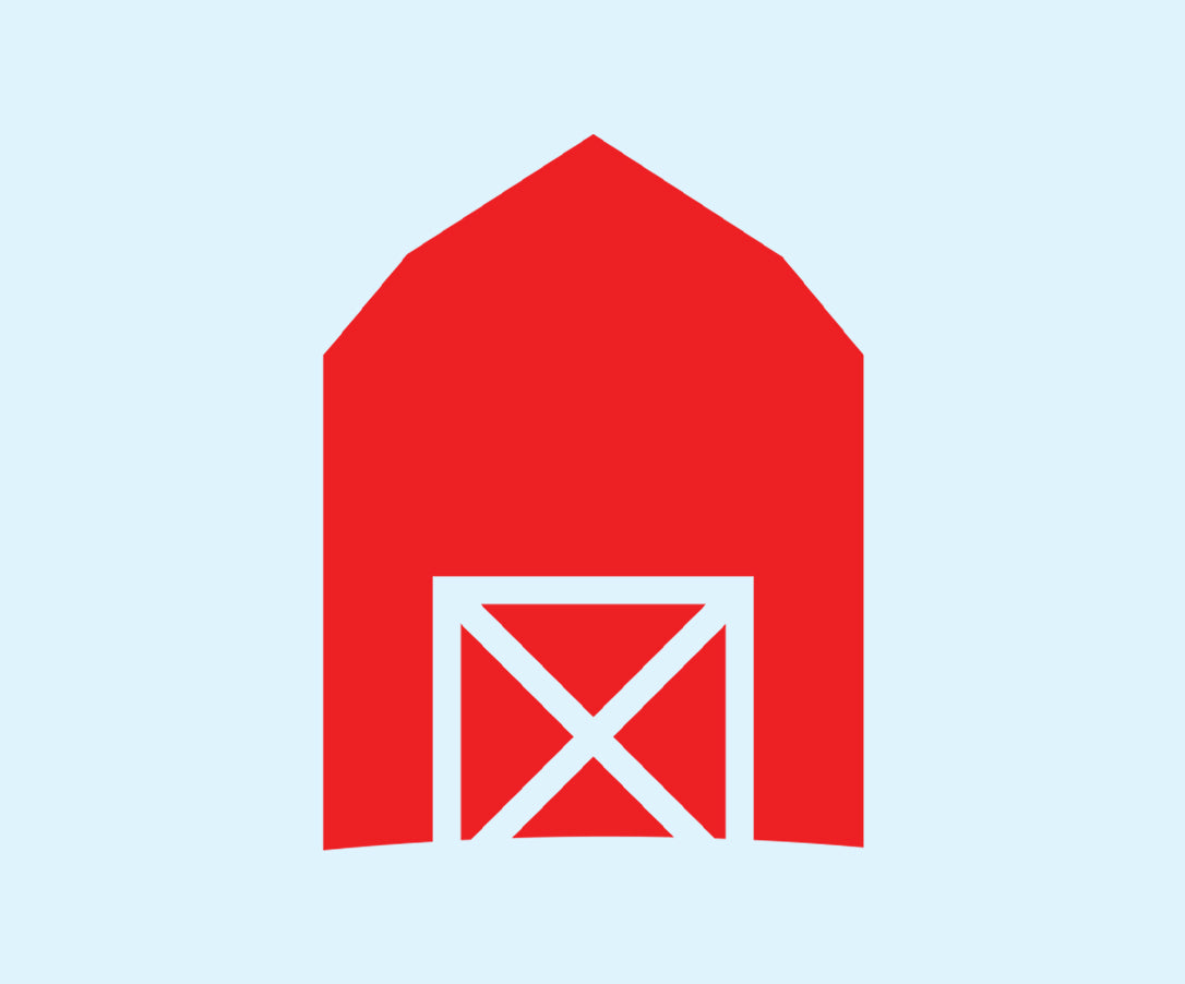 Red barn icon on a light blue background