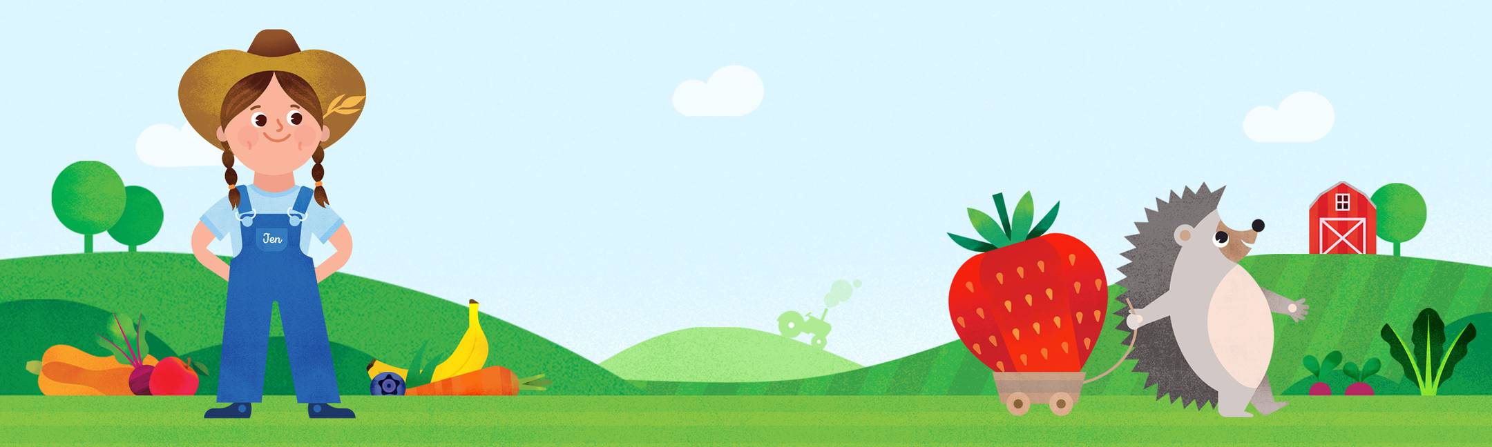 Cartoon farmer with a strawberry and hedgehog in a farm setting